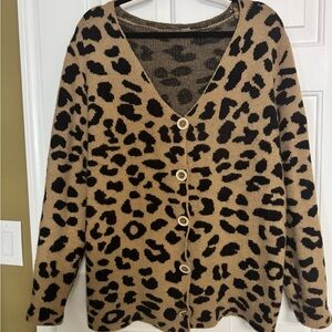 SHEIN Tan & Black Leopard Print V-Neck Button Cardigan